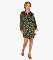 Apricot Green Floral Belted Mini Shirt Dress